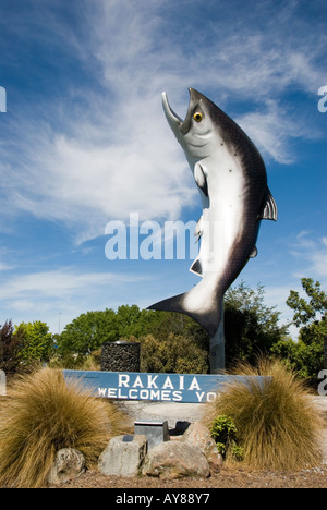 Giant roadside fibreglass leaping salmon in the town of Rakaia New Zealand Stock Photo