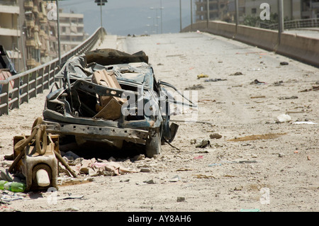 Bombed car on a bridge in a war zone Beirut Lebanon Middle East Stock Photo