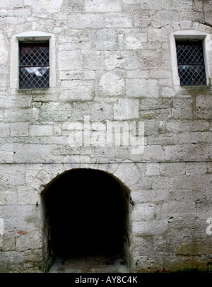 Low, arched entrance with wood door, with two high windows. Block walls Stock Photo