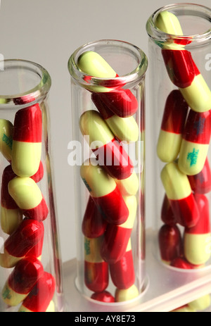 Drugs Drug Testing Medical Pills are displayed in test tubes Stock Photo