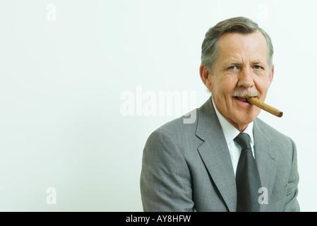 Businessman smoking cigar, smiling at camera, portrait Stock Photo