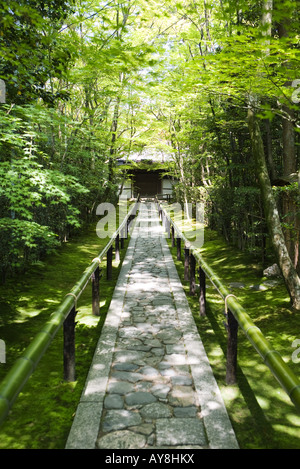 Stone path in forest, building in background Stock Photo