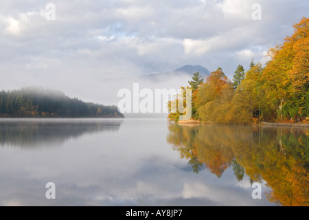 Loch Ard looking towards Ben Lomond in mist.Aberfoyle The Trossachs Scotland Stock Photo