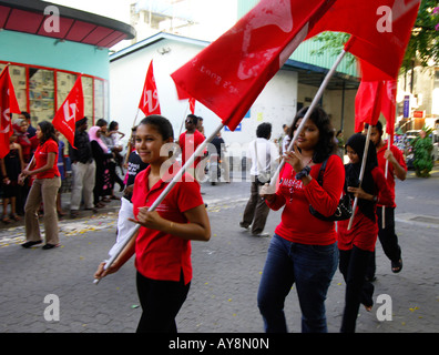 girls wth flags on a festive day Male Maldives Stock Photo