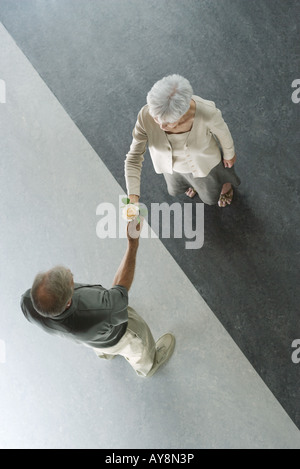 Couple standing on divided black and white floor, man handing woman rose, viewed from directly above Stock Photo