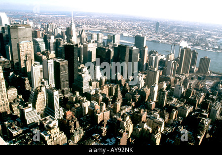 View from observation deck of World Trade Centre in Manhattan New York City USA showing Chrysler Building and East River Stock Photo