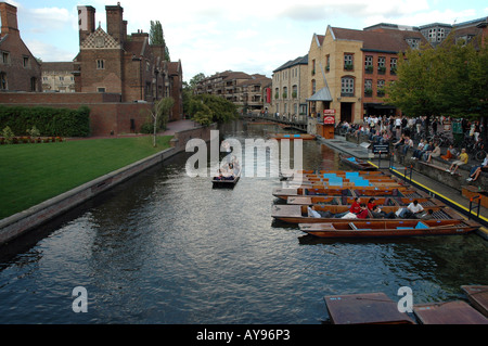 Cam River with punts, view from bridge on Magdalene Street in Cambridge, UK