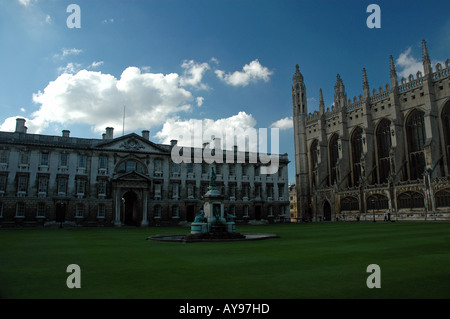 South facade of King's College chapel (right), fountain and east facade of Gibbs Building, view from Front Court, Cambrige UK Stock Photo