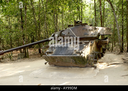 American M-41 Tank destroyed by mine in Vietnam War Cu Chi Vietnam Stock Photo