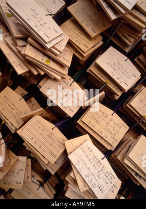 Ema boards, small wooden plaques inscribed with wishes and prayers, at Narita Naritasan Shinshoji Temple, Japan Stock Photo