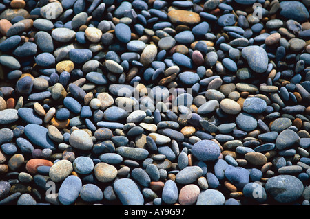 Stones shaped by the ocean waves making an abstract pattern on the beach after a storm in a group pattern caused by nature Stock Photo
