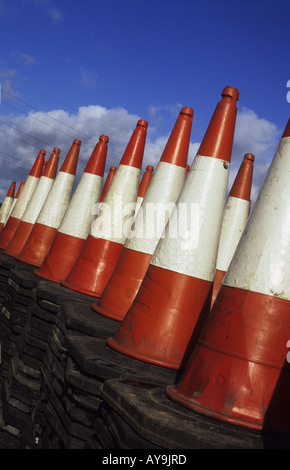 row of cones on construction site of A1/M1 motorway upgrade work leeds yorkshire uk Stock Photo