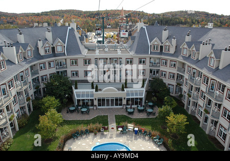 Mt Tremblant holiday village centre from cable car through roof of hotel, Canada, Quebec Stock Photo