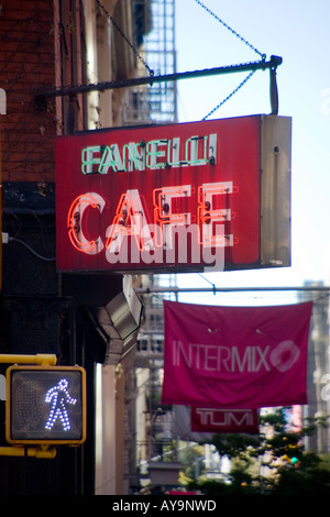 The neon sign of Fanelli Cafe at 94 Prince Street in the SoHo district South of Houston district in Manhattan New York City Stock Photo