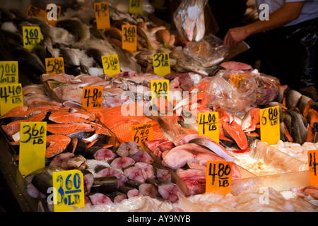 Packed in ice fresh fish is for sale at at the Hung Lee sidewalk market on Canal Street in the Chinatown district of lower Manha Stock Photo