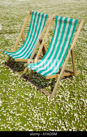Deckchairs and daisies Stock Photo