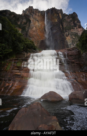 Unique view from the base of the tallest waterfall in the world - Angel Falls in the tropical rainforest of Venezuela Stock Photo