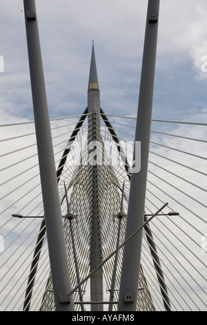 Malaysia Kuala Lumpur Converging cables and pylons of Putrajaya Bridge 8 in center of new administrative capital city of Stock Photo