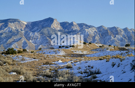 A view of the Sandia Mountains at the base of the Rocky Mountains overlooking Albuquerque New Mexico in the American Southwest Stock Photo