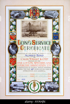 A photo of a long service certificate awarded in 1929 to an employee for working 40 years for the same cotton milling company
