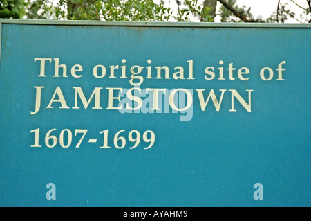 Historic Jamestowne landing Original Jamestown Settlement 1607 1699 sign Stock Photo