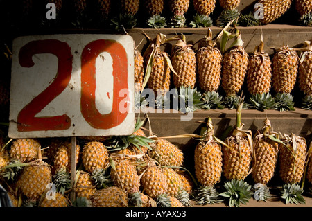 Pineapples for sale in Sri Lankan roadside stall at 20 rupees each. Stock Photo