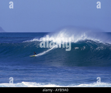 Lone surfer on fifteen foot giant wave with offshore wind blowing white spray off the top at Waimea Bay North Shore Oahu Hawaii Stock Photo
