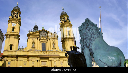 panoramic bavaria Munich THEATINERKIRCHE theatiner kirche theatinerstreet street  church Panorama bavarian lion figure PANORAMA Stock Photo