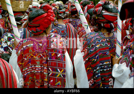 Ixil Mayan Indian women in ceremonial dress in a procession in Nebaj Dept El Quiche Guatemala Stock Photo