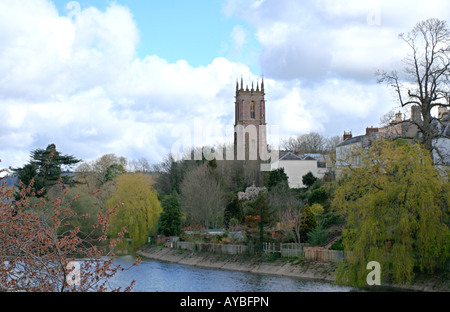 St Peters Church Tiverton Devon and the River Exe in spring Stock Photo