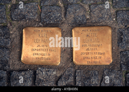 Two Jewish Memorial tablets (Stolpersteine) in the Oranienburger Strasse area of Berlin, Germany. Stock Photo