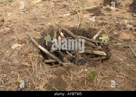 A dug fire pit on a hiking trail in New England This fire pit was made in the middle of the trail Stock Photo