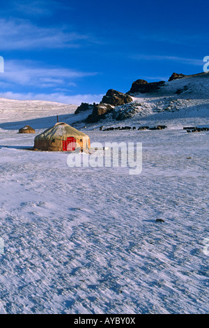 Mongolia, Bayan-Olgii Province. Yurts in Winter. Stock Photo