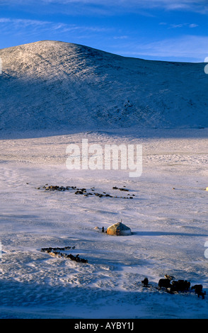 Mongolia, Bayan-Olgii Province. Yurts in Winter. Stock Photo