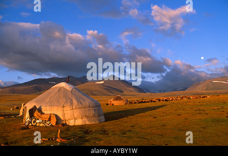 Mongolia, Bayan-Olgii Province. Yurts in Winter. Stock Photo