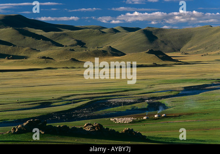 Gers (yurts) and livestock on the Mongolian steppe Stock Photo, Royalty ...