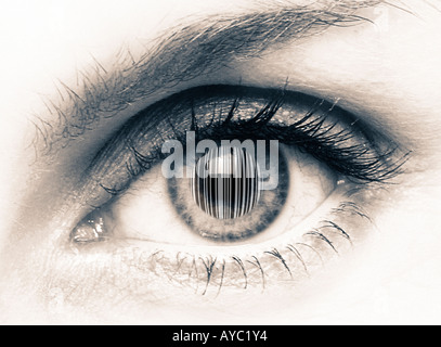FEMALE EYE CLOSE UP WITH BAR CODE IN CENTRE OF PUPIL Stock Photo