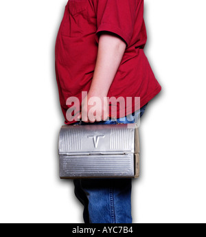 Man in red shirt and blue jeans holding tin lunch pail Stock Photo