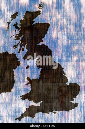 Outline of United Kingdom with Binary code in a collage Stock Photo