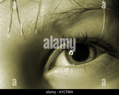 Child's eye close-up looking serious. Children's Issues. Stock Photo