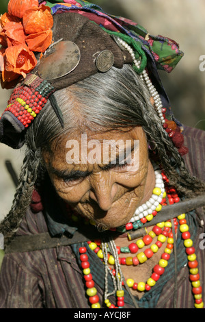 The traditional headgear of the Dardi. The Dard tribesmen are one of the purest Aryan tribes in the region, Ladakh, India Stock Photo