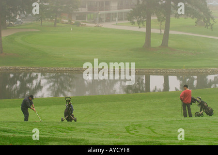 Golfers playing on Vancouver Island, British Columbia, Canada golf course on misty winter day. Stock Photo