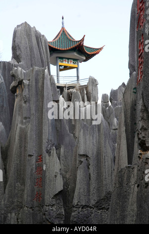 Gazebo on top of stone formation at Shilin Stone Forest  in the Lunan Yi County about 120km from Kunming China Stock Photo