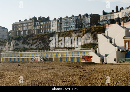 Viking Bay, Broadstairs, Kent, United Kingdom, showing beach chalets Stock Photo