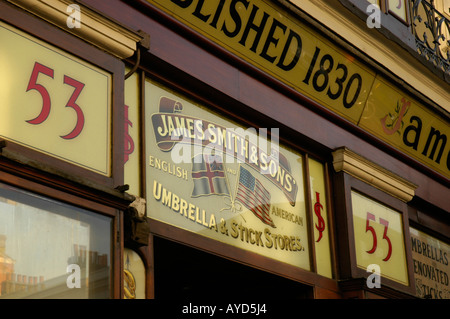 Close up of exterior of James Smith and Sons traditional umbrella and stick shop in New Oxford Street, London, England, UK, 2006 Stock Photo