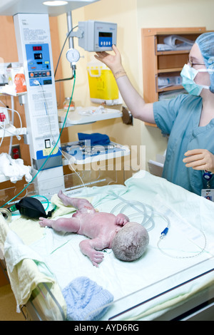 A 5 weeks premature baby is weighted by the doctors seconds after being born Stock Photo