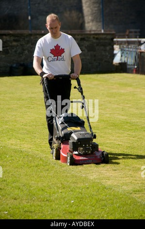 A Man wearing white t-shirt mowing lawn in the sunshine, employed working outdoors summer afternoon, cutting grass, UK Stock Photo