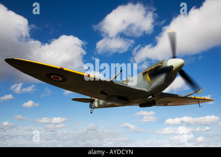 Spitfire flying in sky. A replica static display at Thornaby, to commemorate 401 Squadron,306 Squadron,Polish pilots. Stock Photo
