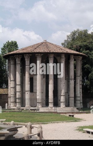 Temple of Hercules Victor a Greek tholos round marble temple design in Rome at Piazza Bocca della Verità a colonnade of twenty Corinthian columns Stock Photo