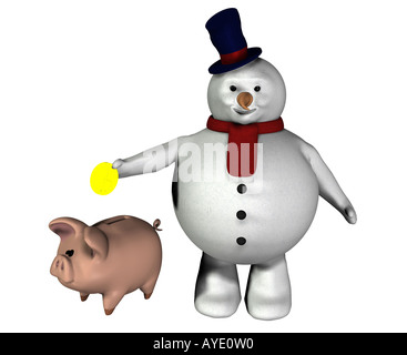 snowman with piggy box as symbol for heating costs Stock Photo